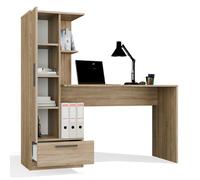 CDF Escritorio con Estantería Cajón 140cm 3 Estantes Teletrabajo Home Office Escritorio Ordenador Ergonómico Mesa Trabajo Habitación Juvenil Niños Dormitorio Guías Rodillos Roble Sonoma Tablero 16mm
