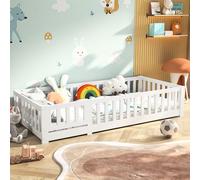 CDQL Cama de 90 x 200 cm, cama infantil con protección anticaídas, marco de cama con somier, cama individual para niños y niñas, cama Montessori de pino macizo, color blanco