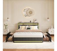 CDQL Cama doble de 140 x 190 cm con 4 cajones de hierro, cama tapizada con cabecero LED y puerto de carga USB, marco de cama con somier, cama juvenil de lino, color gris oscuro