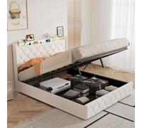 CDQL Cama doble tapizada de 140 x 200 cm con espacio de almacenamiento | Iluminación LED en el cabecero, tela de terciopelo beige, 1 USB + 1 x tipo C, estación de carga con luz de botón