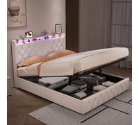 CDQL Cama doble tapizada de 140 x 200 cm con espacio de almacenamiento | Iluminación LED en el cabecero, tela de terciopelo beige, 1 USB + 1 x tipo C, estación de carga con luz de botón