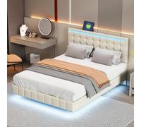CDQL Cama doble tapizada de 140 x 200 cm con LED y carga USB, cama con cabecero tapizado, estructura de cama con somier, cabecero ajustable, marco de cama juvenil de lino, color beige