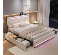 CDQL Cama doble tapizada de 160 x 200 cm con 4 cajones, tiras de luz LED en cabecera y reposapiés, estructura de cama con puerto USB y somier, cama funcional, cama de almacenamiento, cama de invitados
