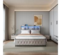 CDQL Cama tapizada de terciopelo, cama doble con luz LED y USB, enchufe tipo C, cama con 4 cajones de almacenamiento y cabecero, marco de cama con somier, dormitorio y cama de invitados, beige (180 x