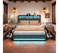 CDQL Cama tapizada Doble 140x200 cm con 4 cajones, LED, Puertos USB y Type-C, somier Incluido, cabecero con Compartimento, Lino, Gris
