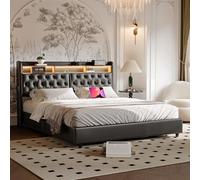 CDQL Cama tapizada Doble de 180 x 200 cm con Espacio de Almacenamiento, cabecero con Puerto USB y Bolsillos Laterales, Cama LED con somier, Cama Funcional, Cama Juvenil, PU, Negro