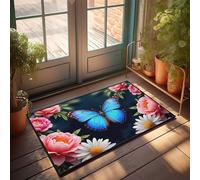 CDSS Decoración del hogar para hombres, mariposa azul entre flores rosas, felpudo para niños, accesorios de dormitorio de niños (65 x 90 cm)