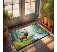 CDSS Divertidas alfombras para puerta delantera, alce junto al arroyo en un exuberante bosque, felpudo de invierno al aire libre, alfombra de cocina estilo granja (50 x 80 cm)