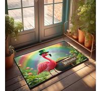 CDSS Divertidos felpudos para entrada al aire libre, bienvenidos al paraíso del arco iris con un sombrero de flamenco, felpudo divertido para porche de otoño (40 x 60 cm)