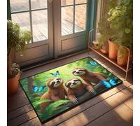 CDSS Felpudo de bienvenida de verano con tres perezosos en una selva con mariposas azules, decoración de patio, tapete para puerta exterior (50 x 80 cm)