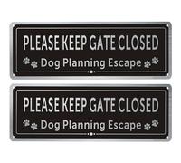 CDXHOME Paquete de 2 letreros matales con texto en inglés «Please Close The Gate», letrero de escape de planificación de perros, tinta duradera de aluminio cepillado, protección UV, resistente a la