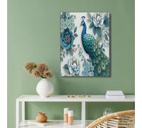 CDXNORA Animales Realistas Cuadro sobre Lienzo para Salon 70x100 cm, Lienzos decorativos Poster Pavo Real Flores Dormitorio Cocina, Azul Verdoso Vertical Cuadros Decoracion Wall Art Prints Decor