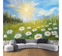 CDXNORA Papel Pintado de Seda Pared Panorámico Paisaje De Pintura Al Óleo,300×210cm Azul-Verde Póster Gigante de Pared Personalizado 3D Margaritas De Campo Moderna Decoración Para Salón o Dormitorio
