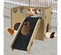 Cdycam Castillo de conejillo de indias, casa de hámster de madera con escaleras y alfombrilla, hábitats de cabaña de animales pequeños, 2 puertas para hámsteres, chinchillas conejos, escondite jugando