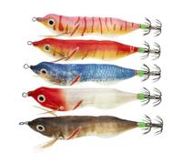 Cebo artificial de camarón de madera para camarones, simulación de agua dulce con anzuelos de calamar, 5 cebos de hundimiento lento, accesorios de pesca para exteriores