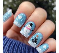 Ceboic 24 Piezas Árbol de Navidad Uñas Postizas, Muñeco de Nieve Fake Nail Cuadradas Medianas, Francesas Copos de Nieve Press on Nails, 12 Tamaños Azul Uñas Acrilicas para Niñas Manicura Decoración