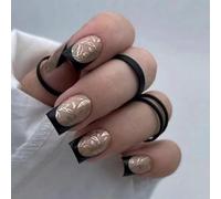 Ceboic 24 Piezas Cuadradas Uñas Postizas Cortas, Natural Brillantes Puntas Negras Francesas Acrilicas Uñas Falsas, Cubierta Completa Artificiales Uñas para Mujeres Niñas (Rama Dorada de Obsidiana)