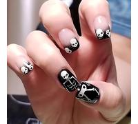 Ceboic 24 Piezas Halloween Uñas Postizas Cortas Cuadradas Bailarina Acrílico Prensa en Uñas Patrón de Cráneo Oscuro Uñas Falsas Cubierta Completa para Mujeres y Niñas Salón de Uñas DIY