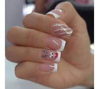 Ceboic 24 Piezas Navidad Uñas Postizas Cortas Almendra French Uñas Falsas Acrílico Prensa en Uñas Cobertura Completa Artificiales Uñas para Mujeres y Niñas (Alce Navideño)
