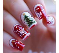 Ceboic 24 Piezas Navidad Uñas Postizas Cuadradas Medianas, Árbol de Navidad Uñas Falsas, Copos de Nieve Uñas Acrilicas, Artificiales Cobertura Completa Gel Rojo y Blanco Press on Nails para Mujeres