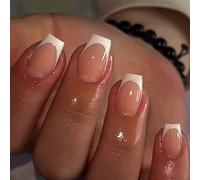 Ceboic 24 Piezas Punta Francesas Press on Nails, Nude Blancas Uñas Postizas, Bailarina Brillantes Uñas Falsas Acrilicas, Reutilizables Cobertura Completa Kit de Uñas Artificiales para Mujeres y Niñas