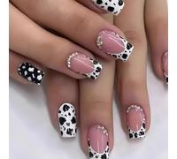 Ceboic 24 Piezas Rosa Nude Uñas Postizas, Cortas Blanco Negro Estampado de Vaca Press on Nails, Pedrería Brillantes Cuadradas Fake Nails, Cubierta Completa Artificiales Uñas a Presión para Mujer