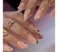 Ceboic 24 Piezas Uñas Postizas Almendra Mediana, Perlas 3D Francesas Press on Nails Bailarina Naturales Adhesivas Uñas, Cubierta Completa Acrílicas Puntas de Uñas para Mujeres y Niñas