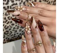 Ceboic 24 Piezas Uñas Postizas Largas Almendra, Leopardo Marrón Francesas Acrilicas Press on Nails, Flores 3D Adhesivas Natural Uñas Artificiales con Línea Dorada Diseño para Mujeres y Niñas Manicura
