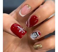 Ceboic 30 Piezas Navidad Uñas Postizas Cuadradas Medianas, Francesas Pingüino Uñas Falsas, Artificiales Copos de Nieve Uñas Acrilicas, Cobertura Completa Rayas Blanco Press on Nails para Mujeres