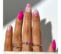 Ceboic 30 Piezas Uñas Postizas Almendra, Flores Rosas y Rojos Press on Nails, Elegante Reutilizables Fake Nails con Pegamento Gelatina, Acrílicas Uñas Falsas Francesas para Mujeres Niñas, 12 Tamaños