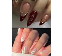 Ceboic 48 Piezas Uñas Postizas Francesas Medianas Almendra, 2 Cajas Artificiales Uñas Falsas Cubierta Completa Bailarina Press on Nails, Uñas Postizas Naturales Acrílico para Mujeres y Niñas
