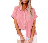 Ceboyel Camisas de lino de algodón de manga corta para mujer, blusa con botones y cuello de gasa, tops de verano bohemios casuales para mujer, Rosa #5, XXXL