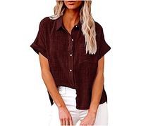 Ceboyel Camisas de lino de algodón de manga corta para mujer, blusa con botones y cuello de gasa, tops de verano bohemios casuales para mujer, Vino #13, M
