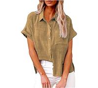 Ceboyel Camisas de lino de algodón de manga corta para mujer, blusa con botones y cuello de gasa, tops de verano bohemios casuales para mujer, Caqui #9, XXXL
