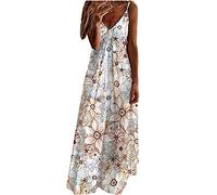 Ceboyel Vestido largo de verano con tirantes delgados y estampado floral para mujer, vestido largo con cuello en V, sexy, bohemio, ropa de playa de moda 2023, Blanco #14, Medium