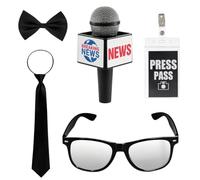 CebraBounze Juego de accesorios de disfraz de reportero de noticias, accesorio de micrófono ligero, pase de prensa de reportero, gafas sin receta, imitan equipo de informes de periodistas reales