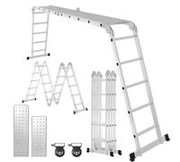 Cecaylie Escalera multiusos 4 x 5 peldaños, 5,82 m de aluminio, escalera multifunción con plataforma y ruedas, 7 en 1, escalera plegable, 20 peldaños, hasta 150 kg