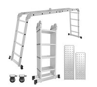 Cecaylie Escalera Multiusos de Aluminio, 470 cm, 4 x 4 m, Escalera Plegable Multifuncional con 2 Placas de andamio y 2 Ruedas, 12 peldaños, Escalera 7 en 1, Estable y portátil