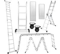 Cecaylie Escalera Multiusos de Aluminio de 4 x 4 peldaños, 470 cm, 7 en 1, con Plataforma, Escalera con 2 Placas de andamio, Escalera Multiusos Plegable, 16 peldaños, Color Plateado