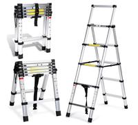 Cecaylie Escalera telescópica Plegable, 1,4 m + 1,7 m, Escalera de Aluminio Extensible, Marco A, 4 + 5 peldaños, Escalera de Aluminio Antideslizante, Escalera Multiusos, Capacidad de Carga máxima 150