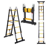 Cecaylie Escalera telescópica plegable de aluminio, 3,8 m (1,9 m + 1,9 m), escalera extensible con estabilizadores, portátil, marco en A, escalera de pie antideslizante, carga máxima de 150 kg (negro)