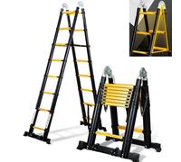 Cecaylie Escalera telescópica plegable de aluminio con ruedas dobles extraíbles, 5 m (2,5 + 2,5 m) carga máxima de 150 kg, color negro y amarillo