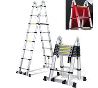 Cecaylie Escalera telescópica plegable de aluminio con ruedas dobles extraíbles, 5 m (2,5 + 2,5 m) carga máxima de 150 kg, color plateado