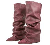 Ceciloroda Fold Over Botas Slouch Tacones De Bloque Dressy Botas Rodilla para mujer Shark Botas Puntiagudo Wide Calf Pull on Pleated Fall Zapatos Purple Size 40