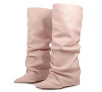 Ceciloroda Fold Over Botas Slouch Tacones De Bloque Dressy Botas Rodilla para mujer Shark Botas Puntiagudo Wide Calf Pull on Pleated Fall Zapatos Pink Size 40