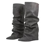 Ceciloroda Fold Over Botas Slouch Tacones De Bloque Dressy Botas Rodilla para mujer Shark Botas Puntiagudo Wide Calf Pull on Pleated Fall Zapatos Black Size 41