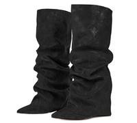 Ceciloroda Fold Over Botas Slouch Tacones De Bloque Dressy Botas Rodilla para mujer Shark Botas Puntiagudo Wide Calf Pull on Pleated Fall Zapatos Black Size 38