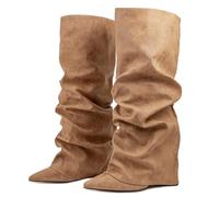 Ceciloroda Fold Over Botas Slouch Tacones De Bloque Dressy Botas Rodilla para mujer Shark Botas Puntiagudo Wide Calf Pull on Pleated Fall Zapatos Apricot Size 40