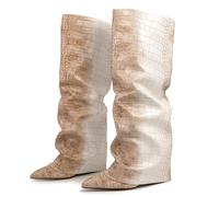 Ceciloroda Fold Over Botas Slouch Tacones De Bloque Dressy Botas Rodilla para mujer Shark Botas Puntiagudo Wide Calf Pull on Pleated Fall Zapatos Apricot Size 40