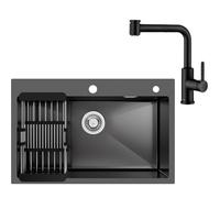 CECIPA 70 x 45 CM Fregadero Cocina Negro Gris con Grifo Cocina Extraible Negro, Fregadero Negro Multifuncional Inox con Escurridor